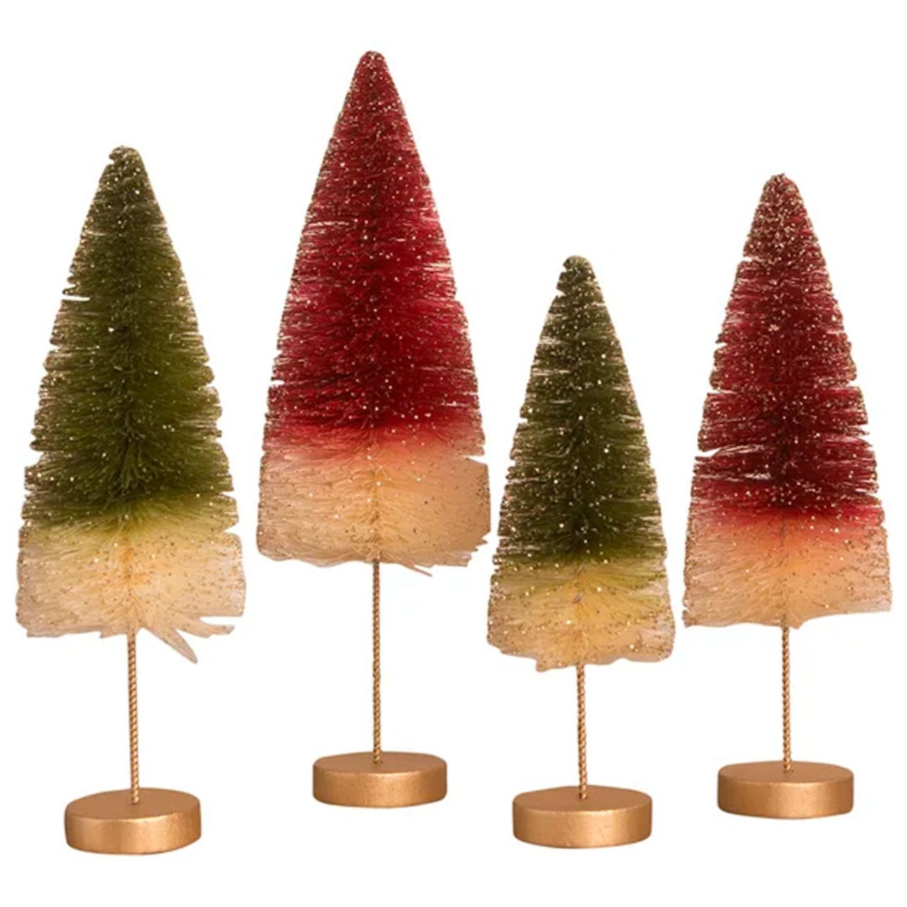 Traditional Bottle Brush Trees with Gold Glitter - Set of 4